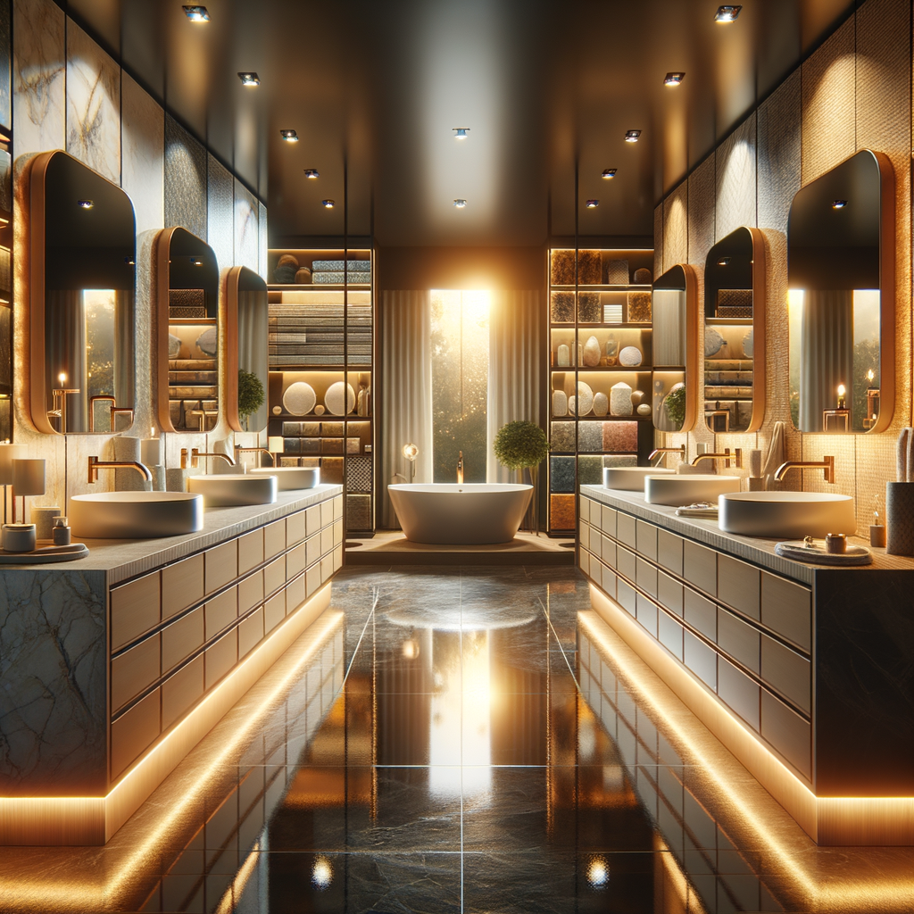 Elegant bathroom vanity showroom with double-sink vanities and modern fixtures